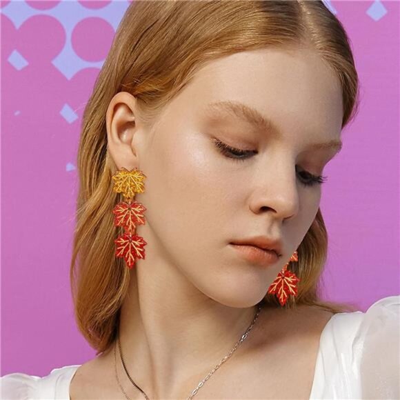 Crystal Maple Leaf Earrings | Sparkly Orange Red Dangle Drops - Picture 2 of 6